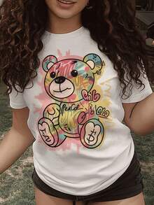 Women's Casual Short Sleeve Crew Neck Cotton T-Shirt | 100% Cotton, Featuring A Bright Bear And Peace Symbol Print, Machine Washable, Spring/Summer T-Shirt, Suitable For Everyday Wear And Casual Outings, Women's T-Shirt. YWI4 - 白色 - 查看 1