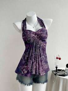 Top de tirantes con estampado de lunares marrones y detalle de nudo en la espalda para mujer, adecuado para verano, vacaciones de primavera, ceremonia de graduación, fiesta de boda, vacaciones elegantes, playa casual, estilo Y2K lindo y sexy y - Multicolor - Ver 4