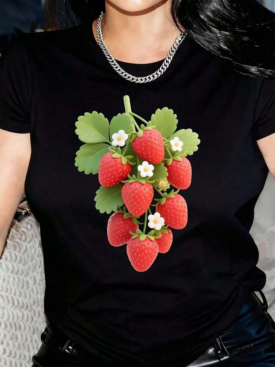 New Arrivals For Summer. Women's T-Shirt With 3D Strawberry Print And Round Neck - Soft, Breathable, And Stretchy Fabric, Casual Short-Sleeve T-Shirt For Spring/Summer, Machine Washable - Black And White, Strawberry T-Shirt, Urban Style Clothing, Fun Design T-Shirt, Medium Elasticity Blouse, Shirt > Beautiful. - 黑色 - 查看 1