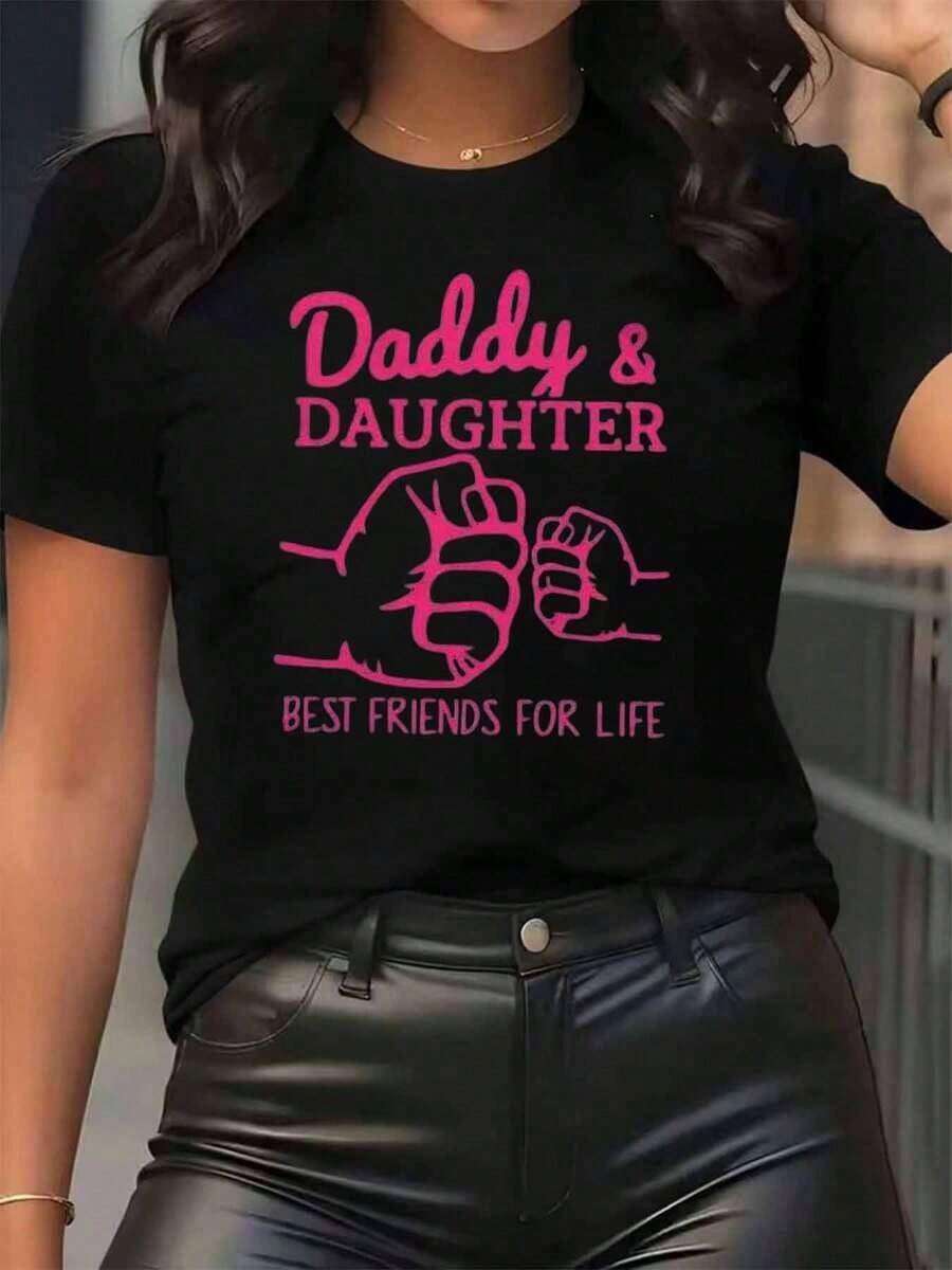 New Arrivals For Summer. Women's Graphic Print T-Shirt "Dad And Daughter, Best Friends For Life", Round Neck, Casual Everyday Wear, Soft And Comfortable, Perfect For Vacations. - 黑色 - 查看 1