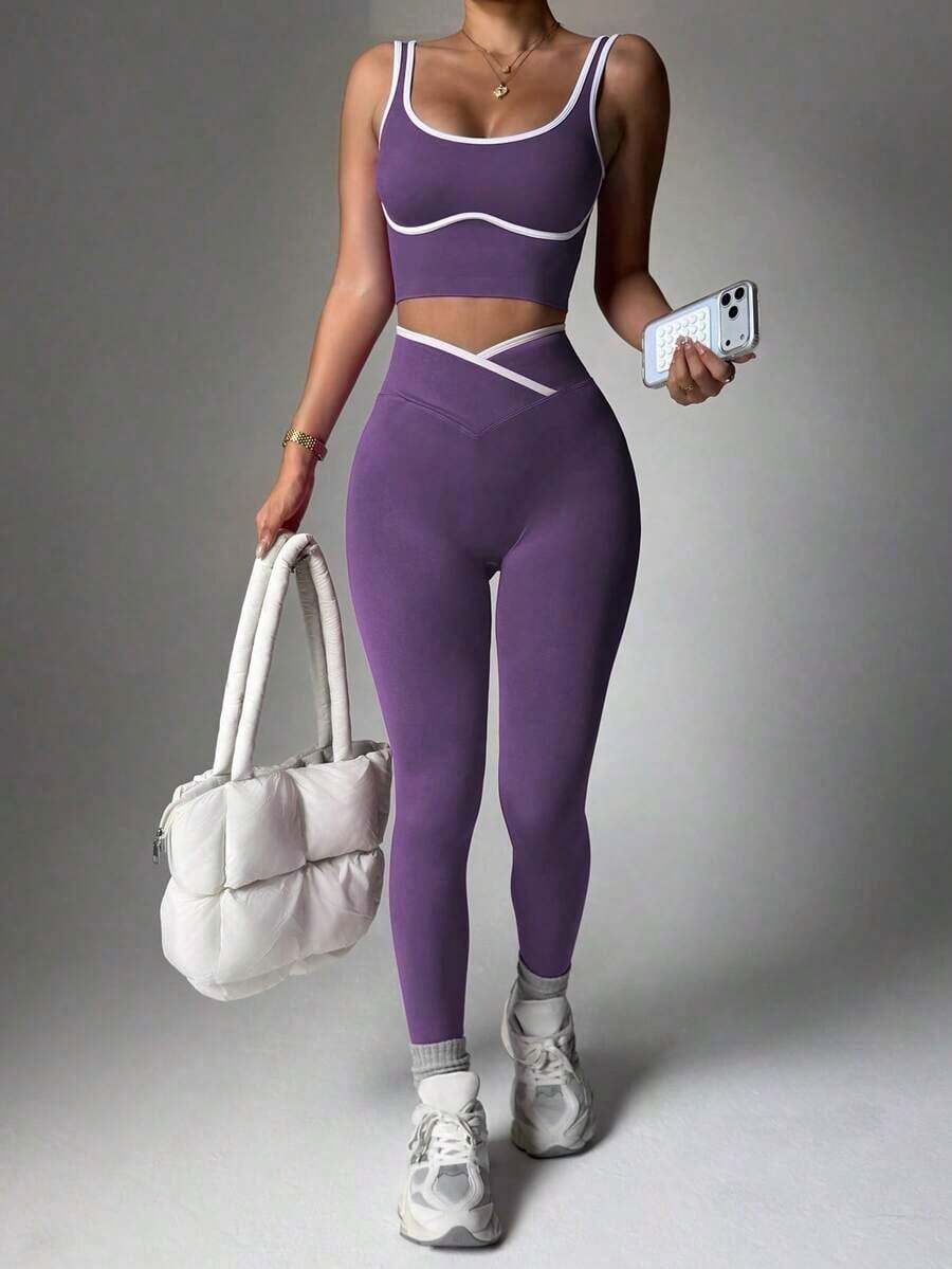 Conjunto deportivo de mujer de dos piezas con bloques de color sin costuras, malla de yoga, conjunto de fitness, conjunto de entrenamiento de dos piezas, conjunto activo de dos piezas, conjunto deportivo negro de dos piezas - Morado - Ver 1