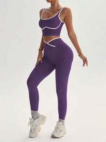 Conjunto deportivo de mujer de dos piezas con bloques de color sin costuras, malla de yoga, conjunto de fitness, conjunto de entrenamiento de dos piezas, conjunto activo de dos piezas, conjunto deportivo negro de dos piezas - Morado - Ver 3