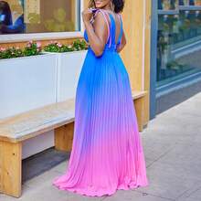 Women's Blue-To-Pink Gradient Dress With Deep V-Neck, Adjustable Straps, Long Pleated Maxi Skirt, Lightweight Fabric Ideal For Beach, Summer Vacations And Pool Parties, Elegant And Sexy Boho Style - 藍色 - 查看 5