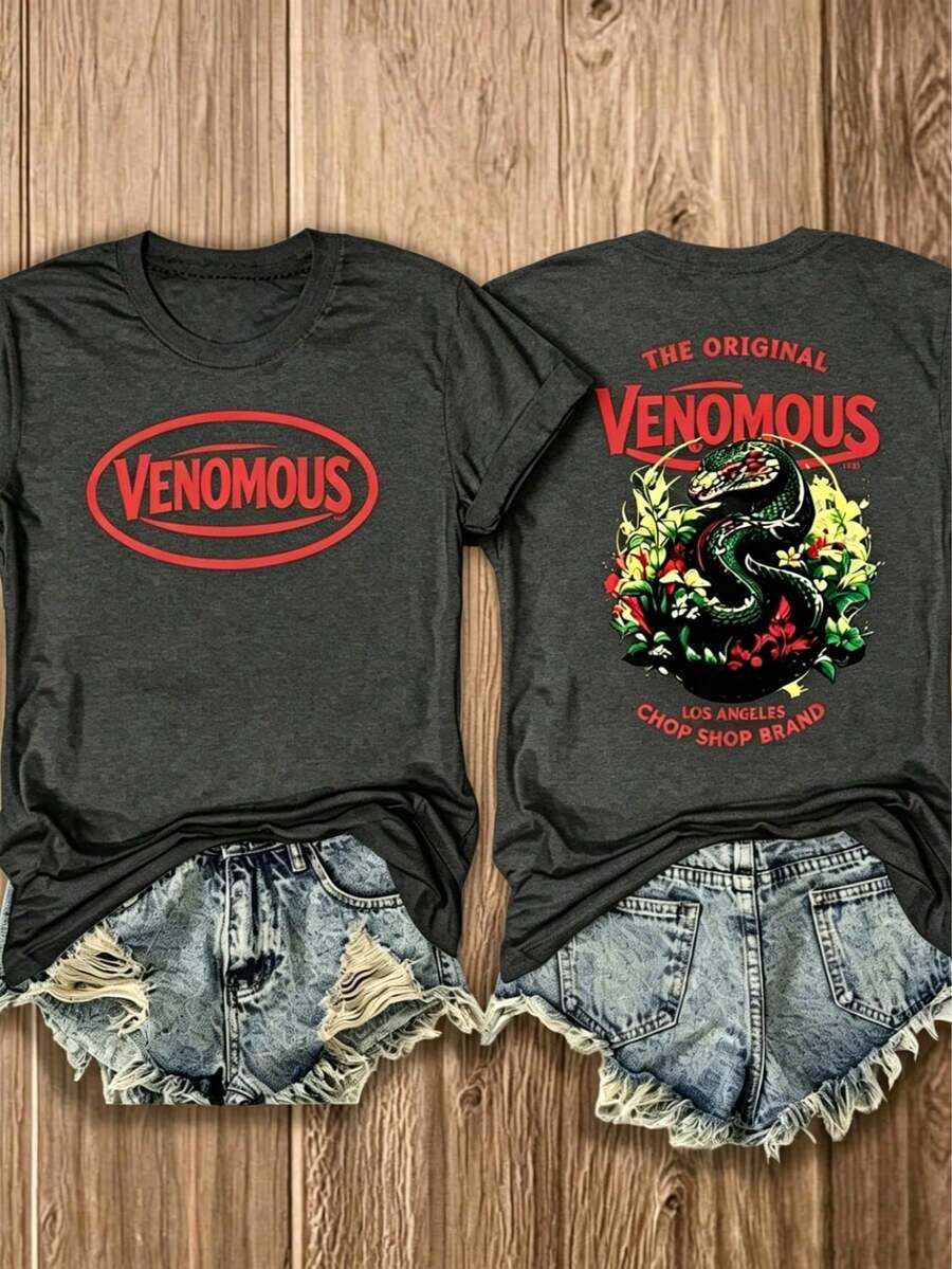 Double Sided Graphic Women's T-Shirt, Red Venomous Snake Floral Print, Classic Americana 100% Cotton Unisex Tee, Casual Everyday Summer Top - 灰色 - 查看 1