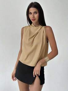 Blusa asimétrica plisada de color albaricoque, elegante y de moda para uso diario, oficina, vacaciones y festivales de música, primavera/verano - Caqui - Ver 4