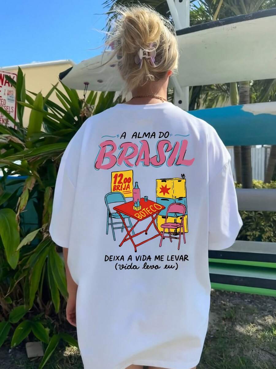 Camiseta de manga corta holgada para mujer con estampado de letras de temática brasileña, top casual para vacaciones en la playa de Sudamérica. - Blanco - Ver 1