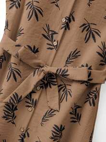 Vestido casual de mujer sin mangas con estampado de plantas y diseño de una sola hilera de botones - Marrón Mocha - Ver 3