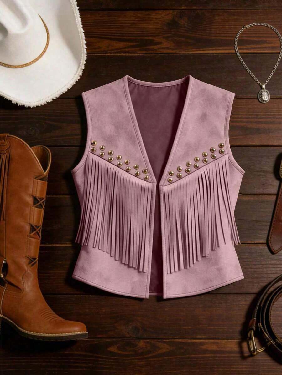 Chaqueta casual de mujer con flecos de gamuza, decoración de remaches, estilo bohemio, versátil para uso diario, vacaciones, trabajo, estilo francés elegante, sin mangas, beige, para principios de primavera/primavera y verano - Rosa vieja - Ver 1
