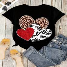 Leopard Heart Graphic T-Shirt, 100% Cotton Oversized Soft Breathable Casual Crewneck Short Sleeve Top, Romantic Aesthetic Summer Vibes Tee for Women & Animal Lovers - Negro - Ver 6