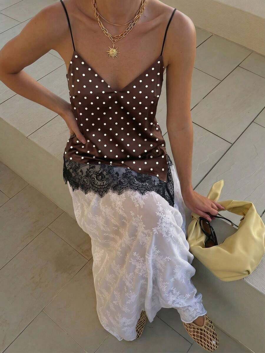 Camiseta elegante y sexy de mujer con estampado de leopardo y encaje en contraste, camiseta de estampado de leopardo elegante, top de fiesta, atuendos de playa y vacaciones para mujeres, top para salir - Marrón - Ver 1