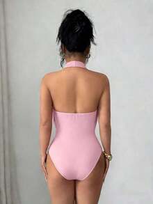 Body de mujer de unicolor con cuello drapeado y recortes huecos - Rosa - Ver 2