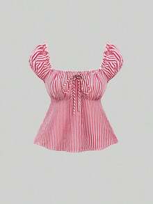 Conjunto de 2 piezas de blusa de manga de pétalo a rayas estilo francés dulce y pantalones rectos holgados para mujer, de primavera/verano - Rojo - Ver 3