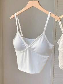 Camisilla sin mangas casual de verano para mujer con parches de encaje en unicolor - Blanco - Ver 4