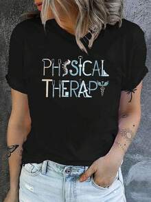Women's T-Shirts, Women's T-Shirts, Casual Printed T-Shirt With Geometric Design For Ladies - Short Sleeve, Round Neck, Medium Elasticity, Machine Washable, Comfortable All-Season Sportswear, Relaxed Style, Stretchy Fabric, Printed Top, Suitable For Sports And Daily Wear. - 1件黑色隨機圖案 - 查看 6
