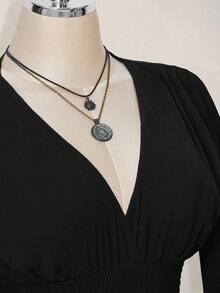 Vestido Unicolor Azul Marino – Mini, Manga Larga Farol, Cintura Fruncida con Falda Acampanada, Estilo Occidental para Primavera y Verano - Negro - Ver 6