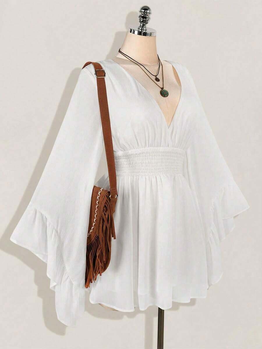 ICON Vestido corto elegante de manga larga con cuello en V y cintura ceñida de unicolor para mujer - Blanco - Ver 1