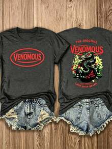 Double Sided Graphic Women's T-Shirt, Red Venomous Snake Floral Print, Classic Americana 100% Cotton Unisex Tee, Casual Everyday Summer Top - 灰色 - 查看 11