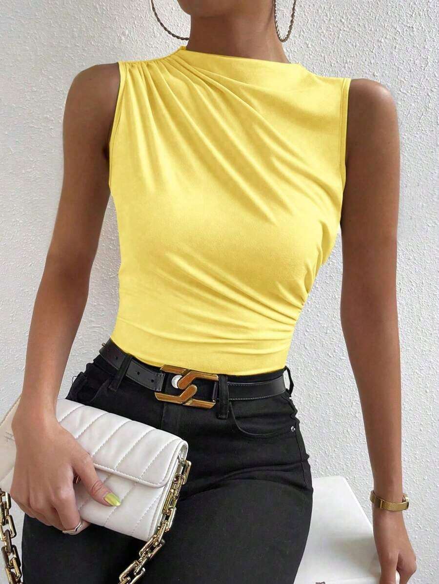 Blusa casual versátil con cuello alto y plisados para mujer - Amarillo - Ver 1