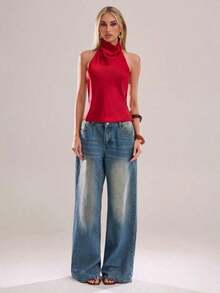 Parte superior de mujer de unicolor con escote pronunciado y espalda descubierta, top de mujer, blusa blanca de mujer, blusas y tops de mujer Xrlq9, ropa de mujer, camisetas de mujer, top de verano - Rojo - Ver 4