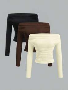de 3 piezas Blusa corta de manga larga y hombros descubiertos para mujer, cómoda y amigable con la piel, ajuste ceñido - Multicolor 16 - Ver 6