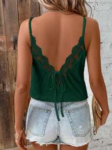 Blusa de verano para mujer con tirantes finos, encaje y parches, estilo minimalista, bohemio, elegante y romántico, ideal para festivales de música, playa y vacaciones, 95% algodón - Verde Oscuro - Ver 4