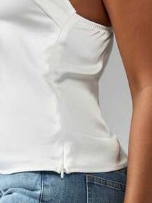 Top de satén con escote en V, tirantes finos, estilo elegante de camiseta, para primavera y verano - Blanco - Ver 6