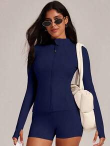 Chaqueta de manga larga para mujer con agujeros para el pulgar, 2 bolsillos, parte superior deportiva para correr y hacer ejercicio, color negro, primavera - Azul oscuro - Ver 6
