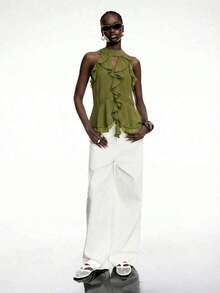 Elegant Solid Color Halter Top With Ruffles For Women - 軍綠色 - 查看 7