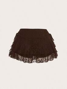 Falda casual de mujer con cintura con cordón, lazo y volantes de tela de encaje de doble capa, adecuada para uso diario - Marrón - Ver 2
