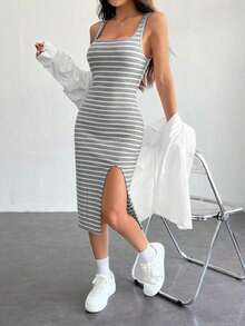 Vestido casual de verano para mujer con parte superior de tirantes y rayas, con abertura - Gris Claro - Ver 1