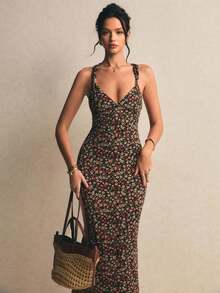 Vestido Elegante con Cintura Ajustada y Estampado Completo para Mujer, Vestido Floral, Vestido Campestre, Vestidos Casuales para Mujer, Vestido Elegante para Mujer, Conjuntos de Vacaciones para Mujer, Conjuntos de Trabajo para Mujer, Vestido Zanea de Primavera/Verano para Mujer, Vestido Yisikado, Vestidos para Damas, Vestidos de Verano para Mujer. - Café - Ver 11