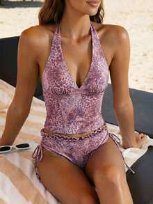 Swim Mod Conjunto de traje de baño de verano con top corto con volantes y estampado de lunares y Bottom de bikini con lazo en la cintura para mujer - Multicolor - Ver 1