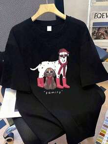 Short-Sleeved T-Shirt With A Cartoon Puppy Print, Loose And Casual Fit, Suitable For School, Holidays And Shopping Outfits, Back To School, Suitable For Both Men And Women, Street Style, Suitable For School, Holidays, Shopping, Sports And Other Occasions - 黑色 - 查看 1