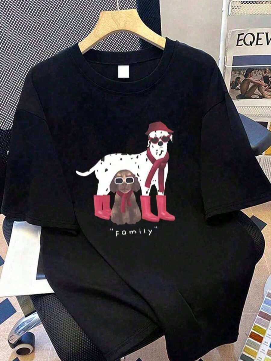 Short-Sleeved T-Shirt With A Cartoon Puppy Print, Loose And Casual Fit, Suitable For School, Holidays And Shopping Outfits, Back To School, Suitable For Both Men And Women, Street Style, Suitable For School, Holidays, Shopping, Sports And Other Occasions - 黑色 - 查看 1