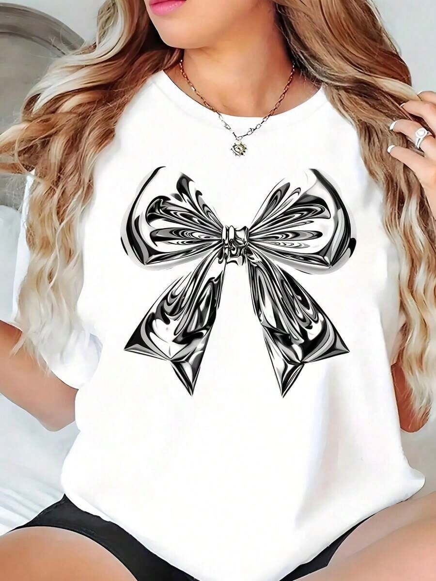 Women's White T-Shirt With Large Bow Print, Metallic Silver Effect, Short Sleeve Round Neck T-Shirt, Coquette And Modern Style, Summer Fashion 2026 - 白色的 - 查看 1