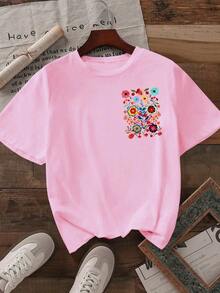 Howell Women's Black Short-Sleeved T-Shirt, Versatile Style, With Hand-Painted Daisy Floral Print, Casual And Cool For Summer - Rose - View 2