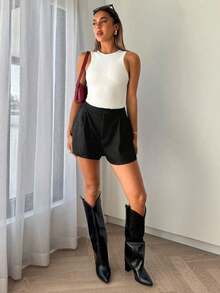 Shorts de pierna ancha unicolor con bolsillo oblicuo - Negro - Ver 3
