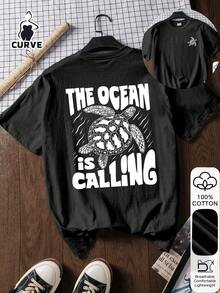 Women's Plus Size Summer Blouse, 100% Cotton, Sea Turtle Print, Short Sleeve Graphic Tee, Soft Fabric, Cotton Clothing, Outdoor Top, Printed Print, Summer T-Shirt, Summer Blouse, Vacation Outfit, Travel Style, Beach Atmosphere, Minimalist Resort Wear In White - 黑色 - 查看 1