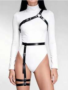 2pcs Gothic Style Black PU Leather Full Body Harness, Adjustable Metal Rings, Suitable For Bodysuit, Nightclub Party, Rave Outfit - Black - View 2