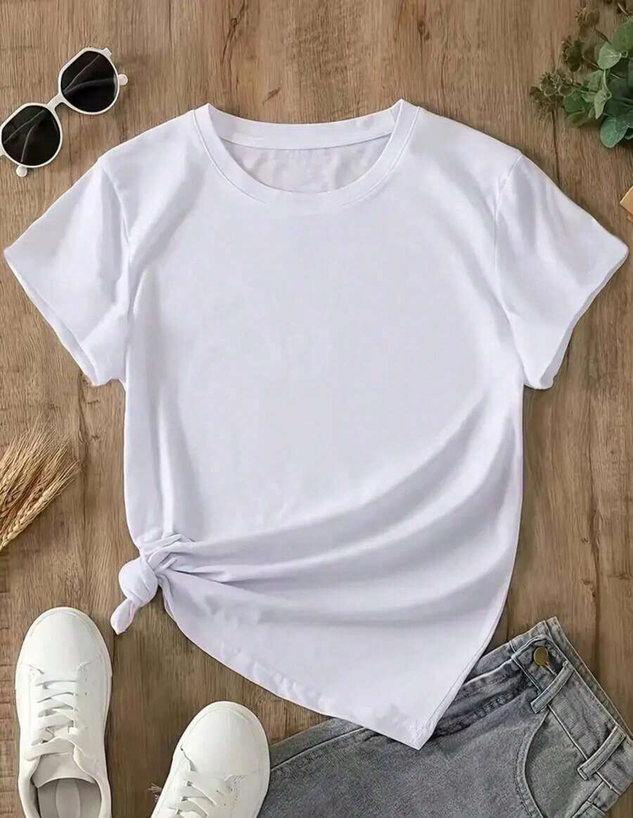 100% Cotton Solid Color Crew Neck T-Shirt, Casual Short Sleeve T-Shirt For Spring And Summer, Women's Clothing - 白色 - 查看 1