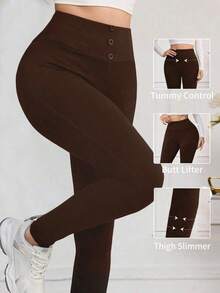 Leggings de cintura alta de unicolor cómodos y casuales para mujer - Café integral - Ver 9