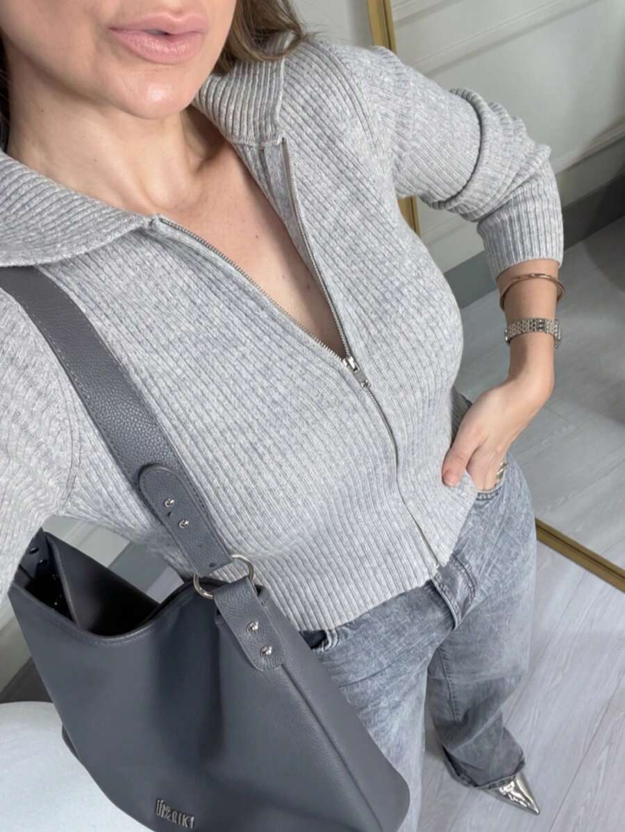 Ribbed Cropped Knit Cardigan Jacket With Zipper Collar - 淺灰色 - 查看 1