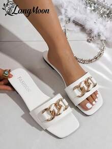 LangMoon 2026 New White Metal Chain Square Toe Flat Women's Fashion Slippers, Simple Solid White Upper + Luxurious Double Chain Rhinestone Decor, Soft Sole Non-Slip Durable Comfortable, Versatile Flattering Fit For Vacation, Commute, Shopping, Party, Spring/Summer Slip-On - White - View 7