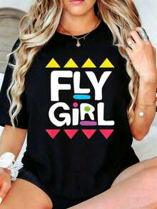 Women's Short Sleeve-ShirtCamiseta Casual de Moda para Mujer con Estampado Gráfico de Chica Voladora, Ropa de Verano, Regalo para Ella - Negro - Ver 1