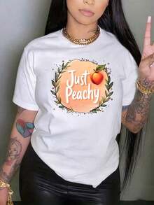 Women's Casual Crew Neck T-Shirt With Fun "Just Peachy" Print, Fruit Graphic Tee, Casual Summer Top For Women, Fun And Cute Outfit, Ideal For Holiday Gifts. - 白色 - 查看 1