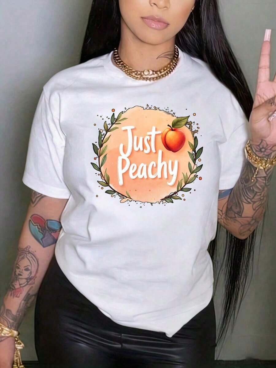 Women's Casual Crew Neck T-Shirt With Fun "Just Peachy" Print, Fruit Graphic Tee, Casual Summer Top For Women, Fun And Cute Outfit, Ideal For Holiday Gifts. - 白色 - 查看 1