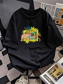 Encuentro amistoso entre un niño y un elefante en un entorno de selva lleno de energía tropical y aventura mostrando la conexión entre naturaleza y amistad camiseta de mujer  casual cómoda para uso diario - Negro - Ver 2