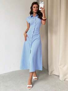 MEXFirerie Vestido midi de línea A con mangas abullonadas a rayas azules y blancas, vestido camisa con cintura anudada, vestido casual con cuello, falda midi a rayas con cintura ceñida, adecuado para primavera, verano, otoño, elegante, commuter, cita, trabajo, vuelta al colegio, día del maestro, ocasiones formales, vestido commuter de negocios, vestido minimalistaMEX ETDZ - Azul y blanco - Ver 7