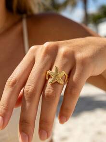 1 Pc Vintage Double Starfish Open Ring For Women Gold Color Stainless Steel Ring Summer Beach Party Jewelry Gift - Multicolor - View 13