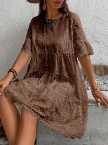 Women's Embroidered Round Neck Casual Dress For Parties And Outings - 棕色 - 查看 4
